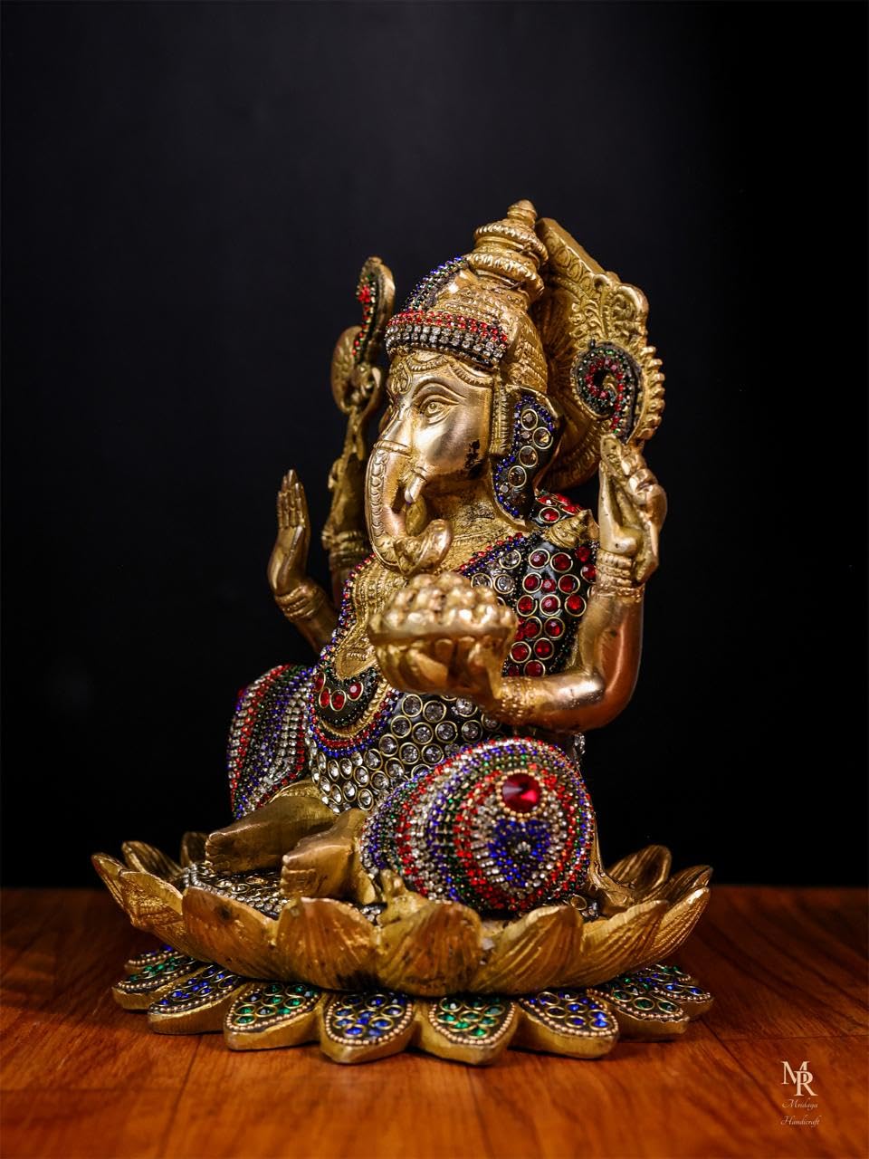 Mridaya Brass Ganesha Statue With Mosaic Stonework, 24 Cm Brass Ganesh Statue, Ganpati Idol, Good Luck Gift For New Beginnings,